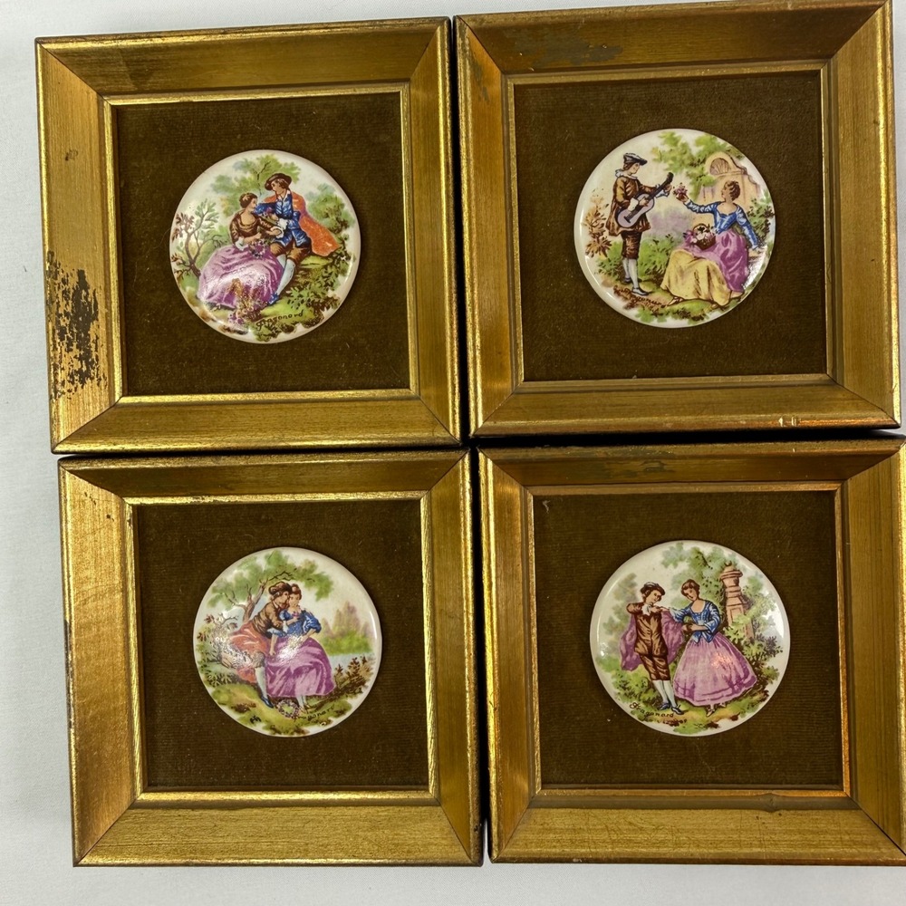 Vintage Fragonard Limoges Style Porcelain Cameo Plaques Gold Frames Set of 4